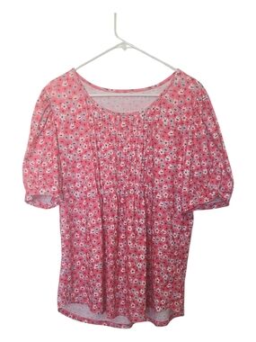 Women's Pink Floral Pleated Short Sleeve Top